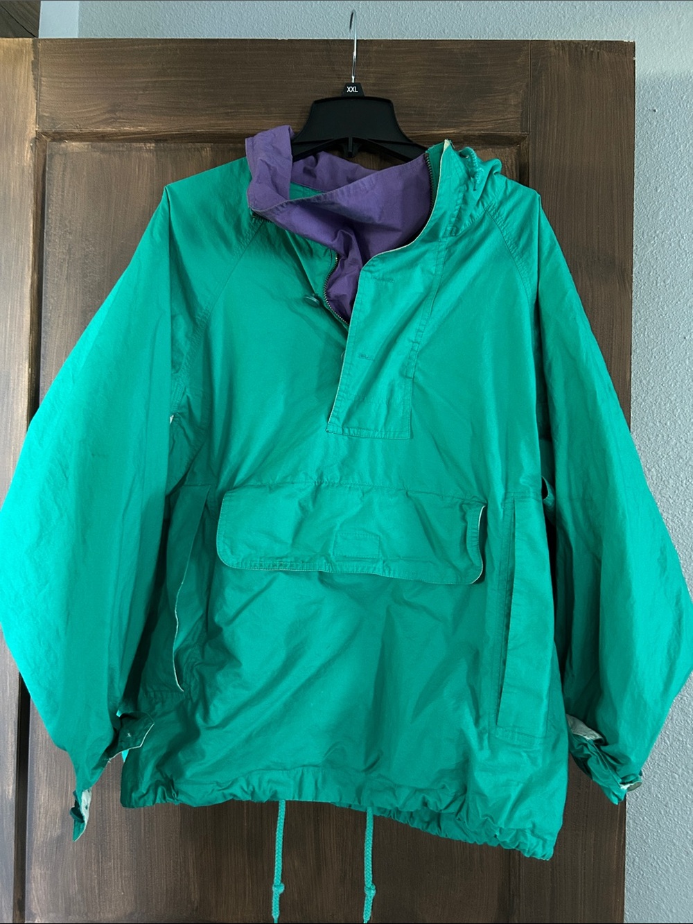 Izod Green Pullover Raincoat with Purple Hood Lining